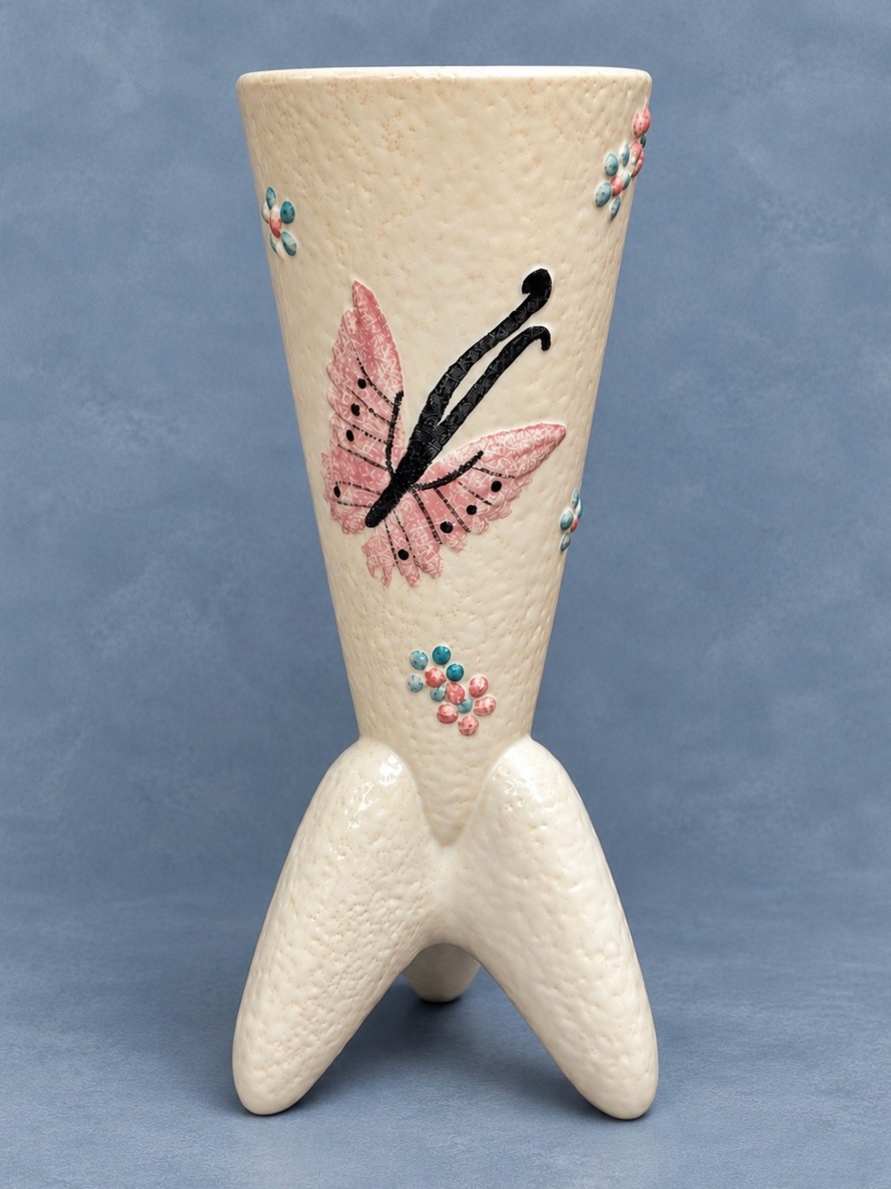 Vintage Hull USA Pottery Vase Pink Butterfly Floral Tripod Footed Ceramic MCM